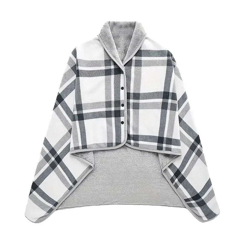 Wearable Plaid Fleece Blanket with Button – Thick Warm Throw for Sofa, Bed, Travel & Office