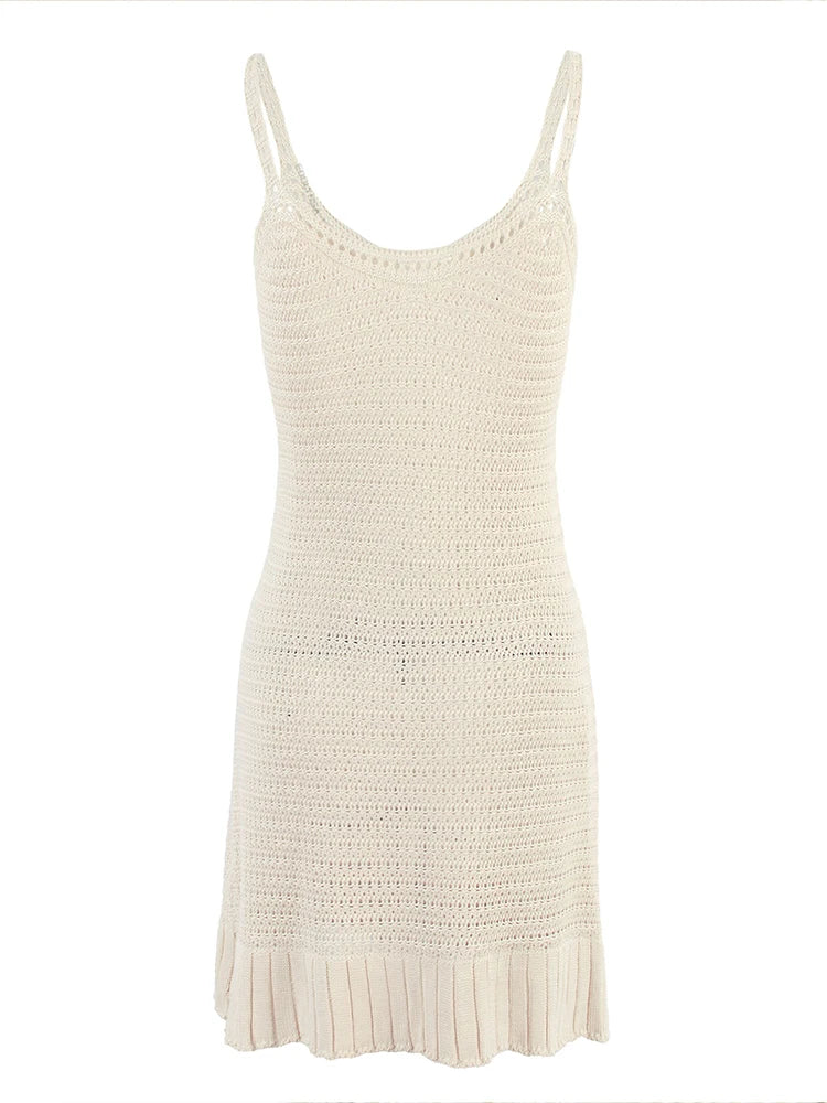 Crochet Halter V-Neck Beach Mini Dress — Ruffle Knit Swimsuit Cover-Up