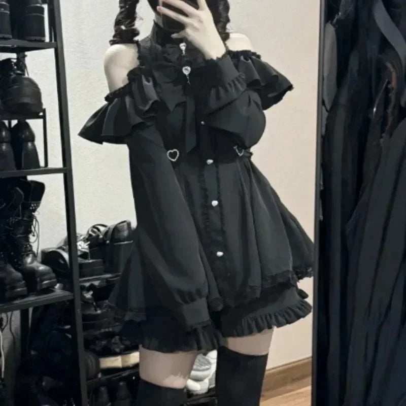 Japanese Gothic Lolita Mini Dress — Harajuku Y2K Bow Lace Ruffle Party Dress