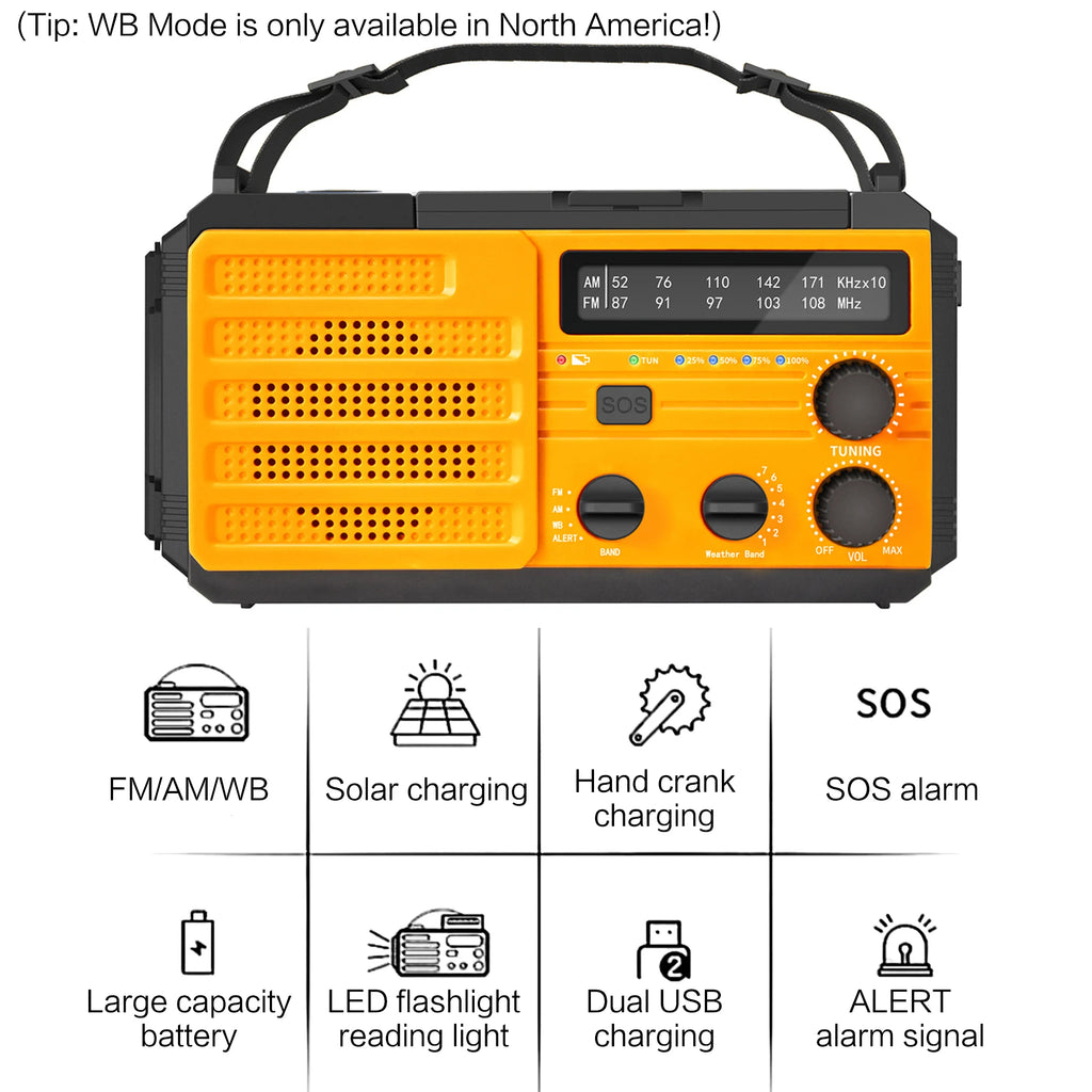 Emergency Weather Radio — FM/AM/WB, Hand Crank Solar, 2000mAh Power Bank & LED Flashlight