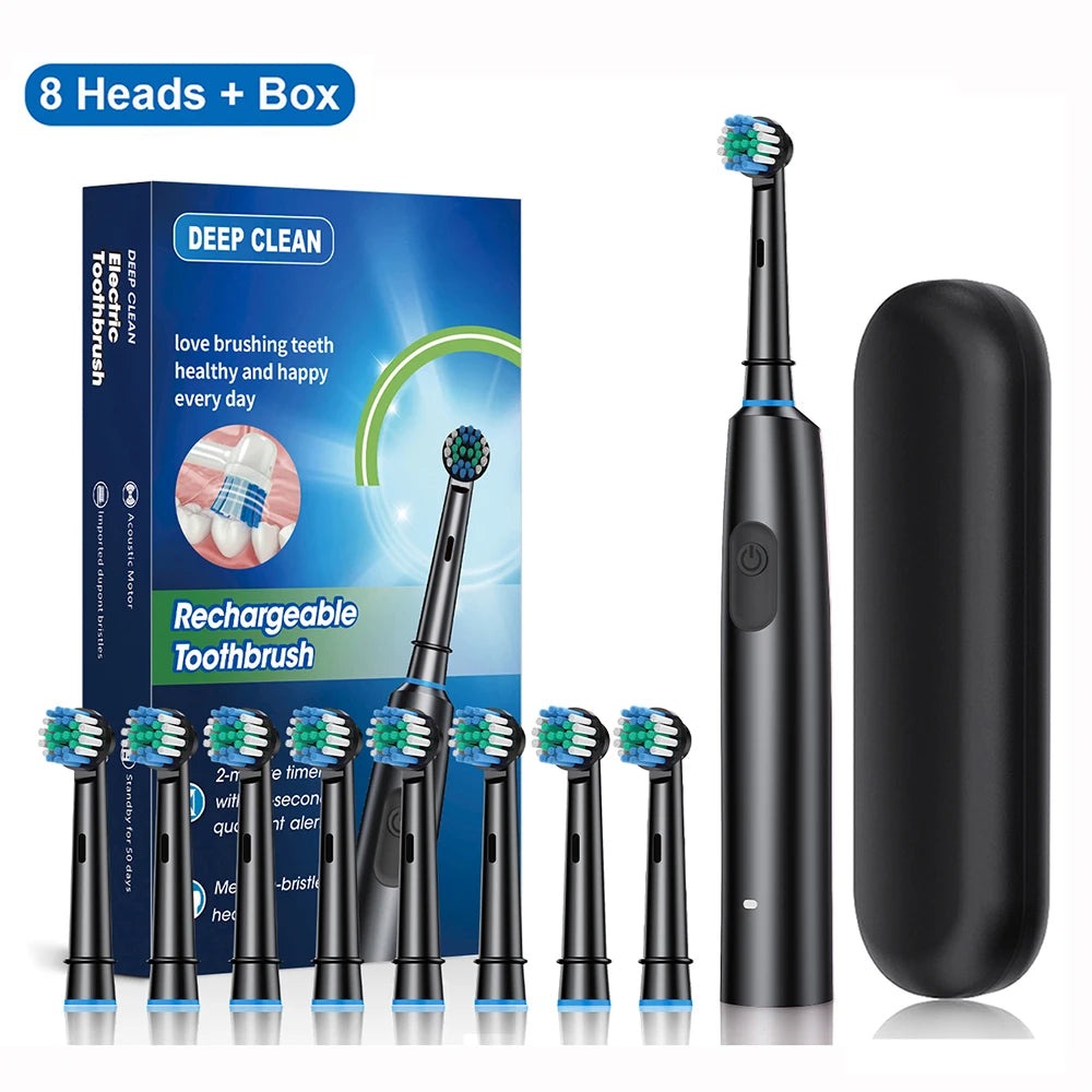 Rotary Rechargeable Electric Toothbrush for Adults – 5 Modes, 30-Day Battery, 8 Brush Heads