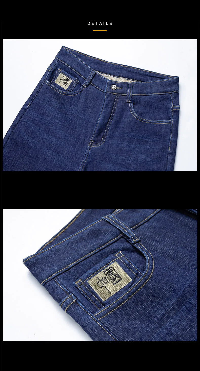 Men's Fleece-Lined Straight Denim Jeans — Warm Thick Winter Stretch Jeans
