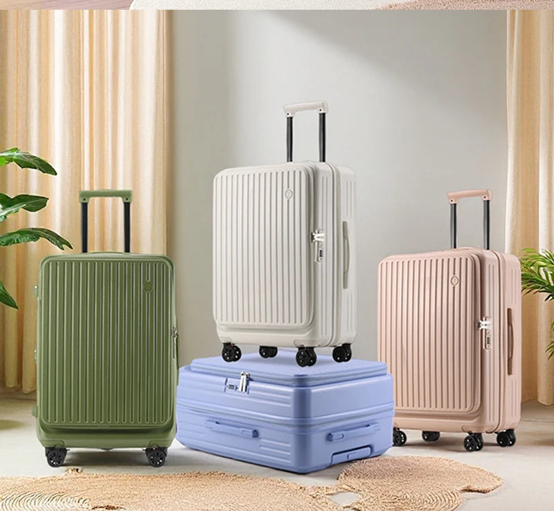 Expandable Front-Opening Suitcase – Cup Holder & Spinner Wheels