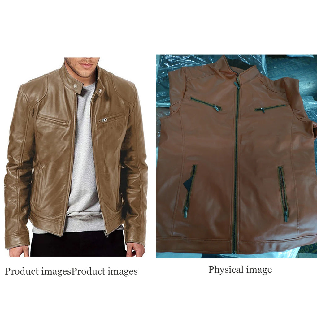 Men's Faux Leather Biker Jacket – Stand Collar Zip Front