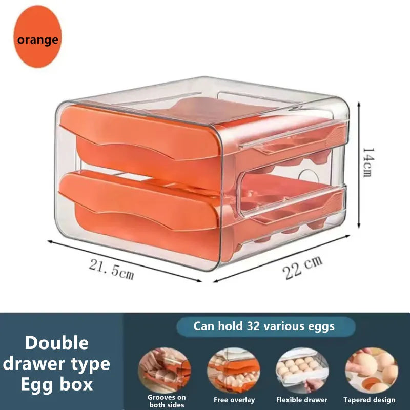 2-Layer Drawer Egg Storage Box – 32-Grid Fridge Egg Organizer, Dust-Proof & Stackable