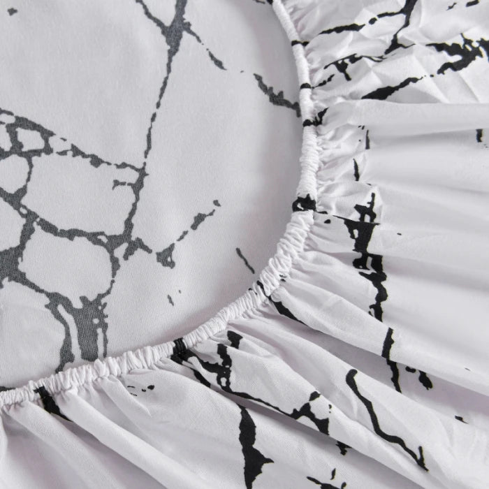 Marble Print Fitted Bed Sheet – Elastic Band, Single to King, All-Around Bed Cover
