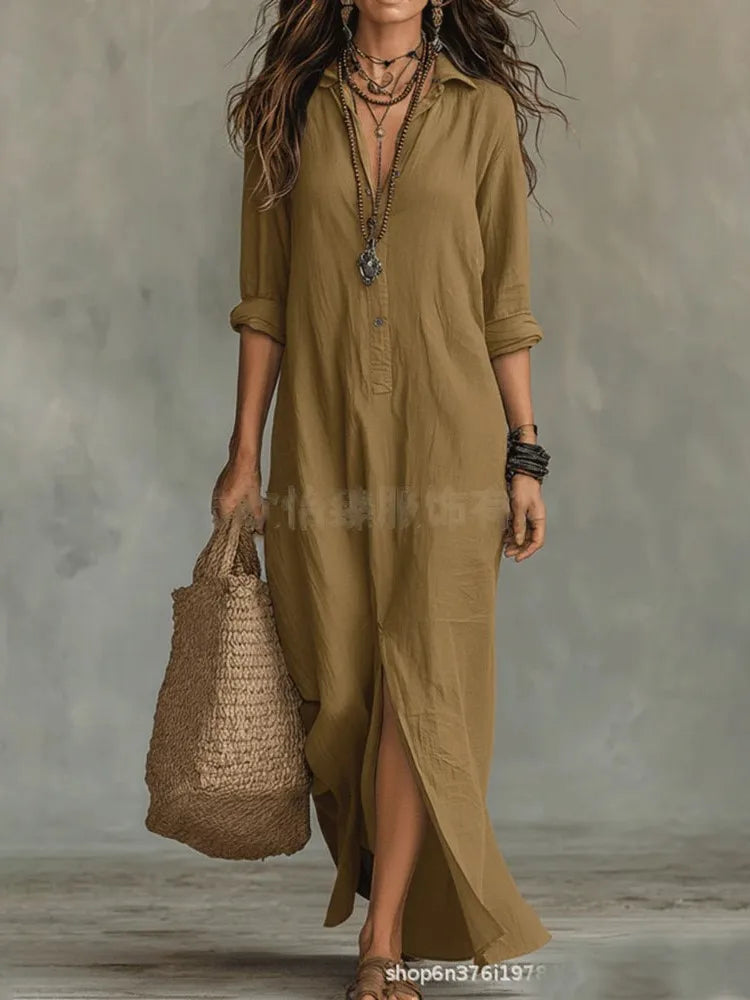 Women's Casual Long Sleeve Loose Maxi Dress – Solid Color Turn-Down Collar Beach & Elegant Dress