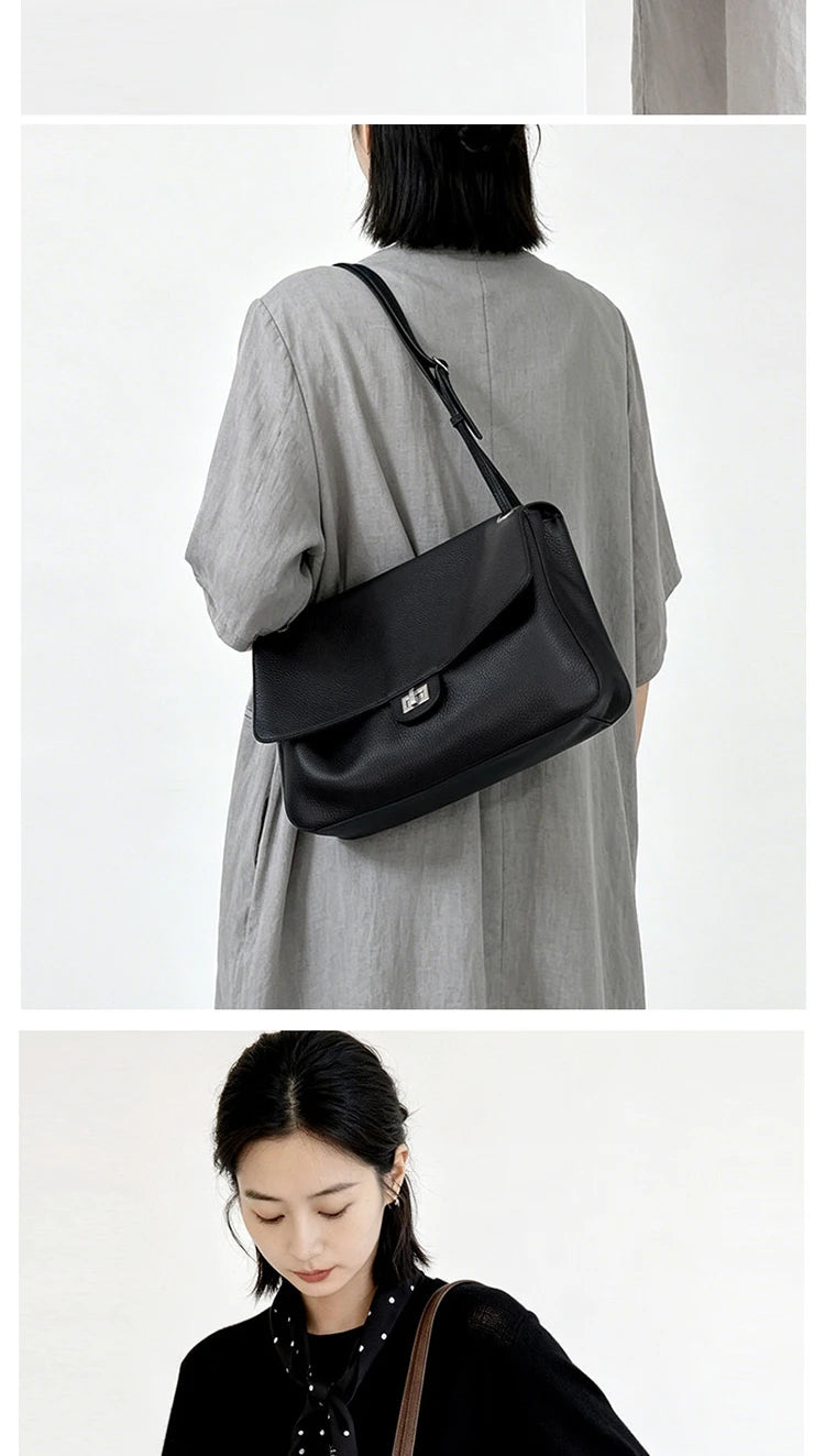Head Layer Cowhide Leather Commuter Tote Bag – Large Capacity Crossbody Shoulder Bag for Women