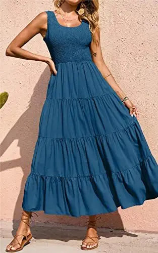 Elastic Waist Big Swing Floral Beach Party Long Dress — Sleeveless Elegant Summer Dress