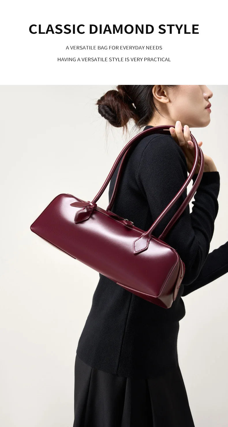 Vintage Genuine Leather Baguette Shoulder Bag – Korean Luxury Underarm Handbag for Women