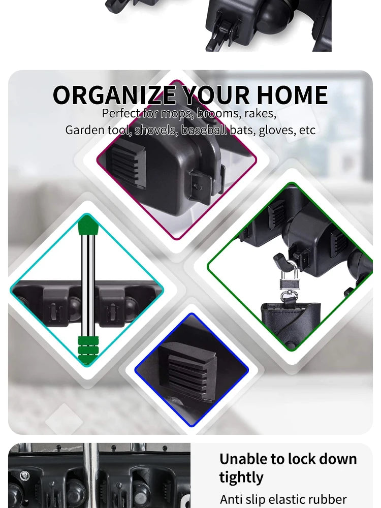 Wall Mounted Mop & Broom Holder — 3/4/5 Position Multi-Functional Storage Rack