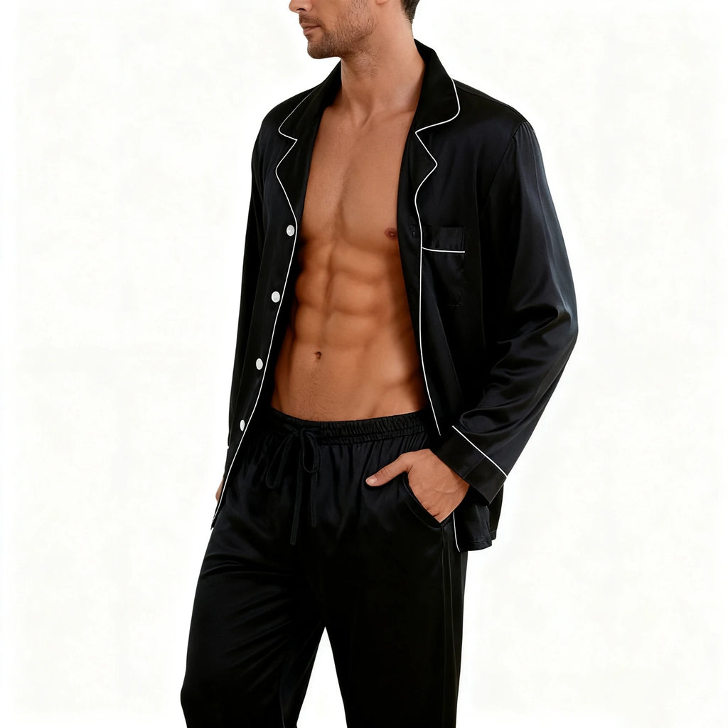 Men's Luxury Contrast Trim Pajama Set — Long Sleeve Top & Pants