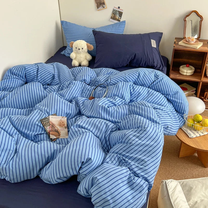 Stripe Print Washed Polyester Bedding Set – 3 or 4-Piece Duvet Cover with Sheet & Pillowcases, 6 Colors