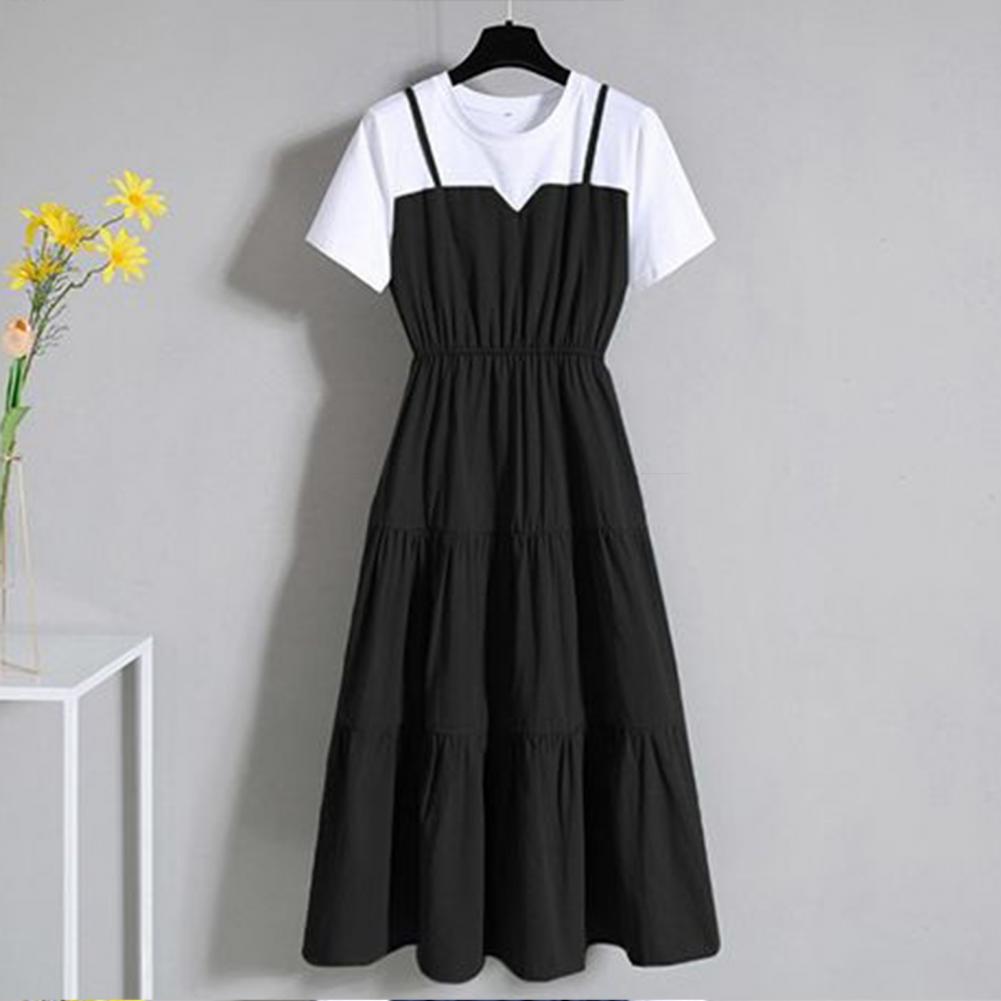 Women's Fake Two-Piece Color Block Summer Dress – Short Sleeve Waist Tight Strap Dress