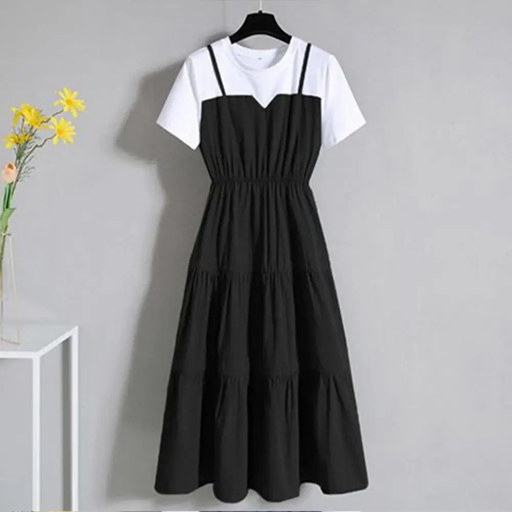Women's Fake Two-Piece Color Block Summer Dress – Short Sleeve Waist Tight Strap Dress