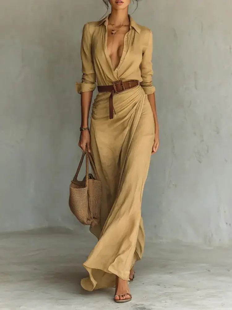 Strapless Pleated Belted Beach Dress — Chic Asymmetrical Slim Evening Dress