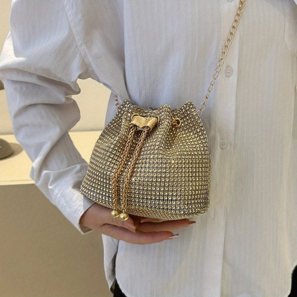 Sparkling Rhinestone Embellished Drawstring Crossbody Bag, Multi-Functional Bucket Purse, Formal Handbag for Women Daily Commute