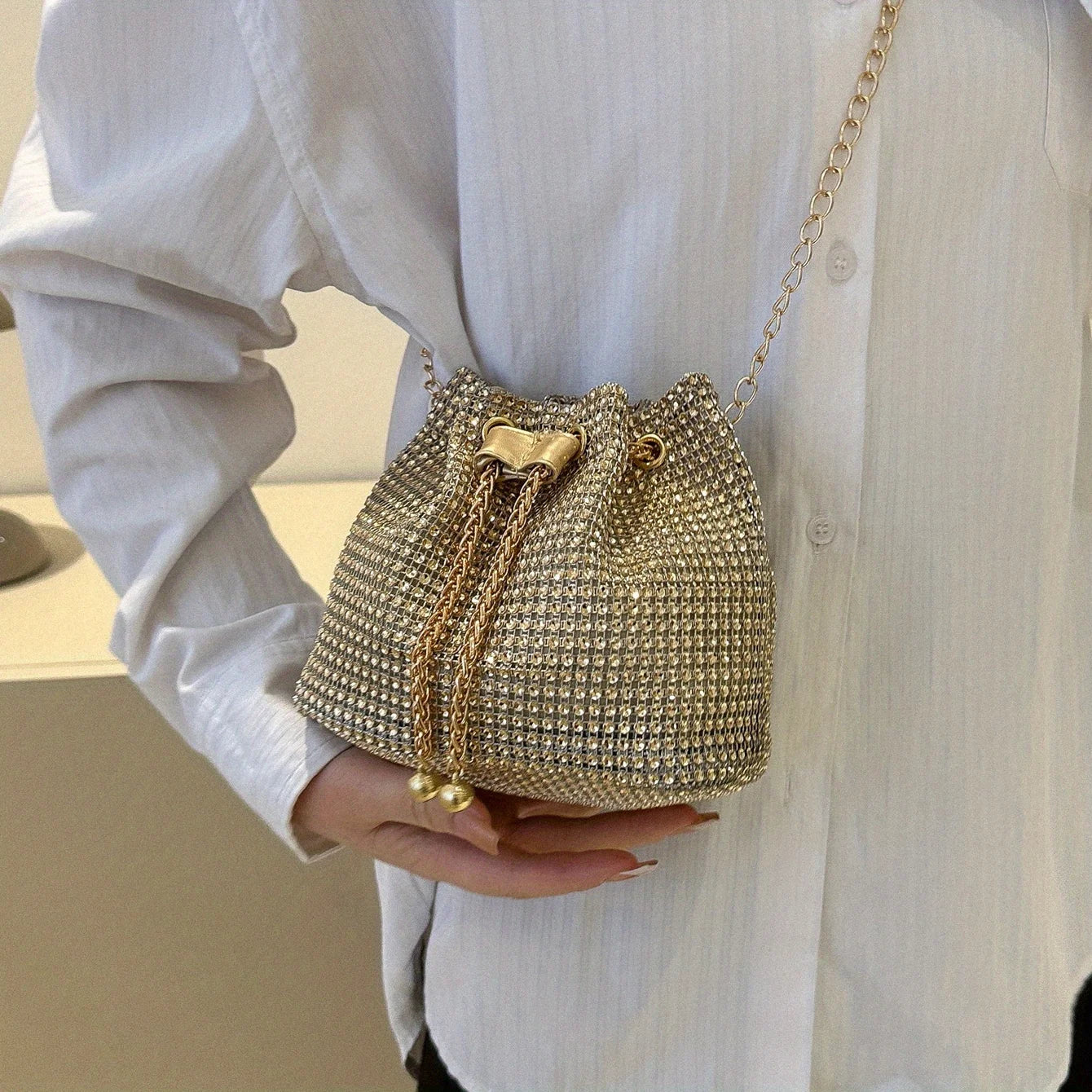 Rhinestone Drawstring Crossbody Bucket Bag – Formal Handbag for Women