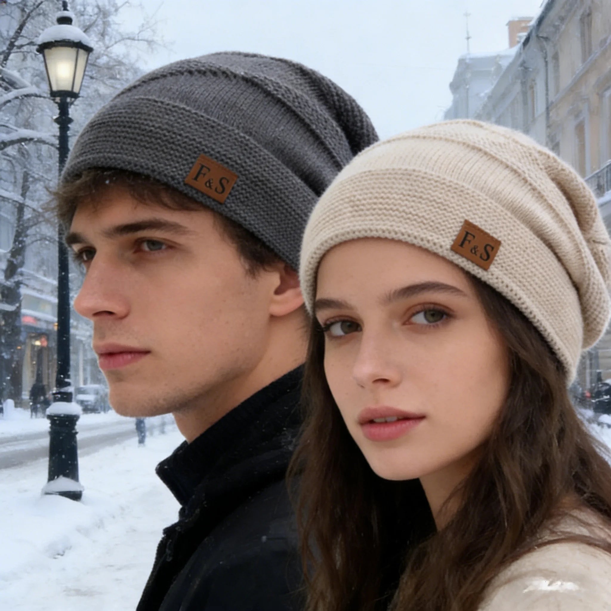Unisex Slouchy Fur Lined Winter Beanie Hat — Warm Label Decor Knitted Cap for Men & Women