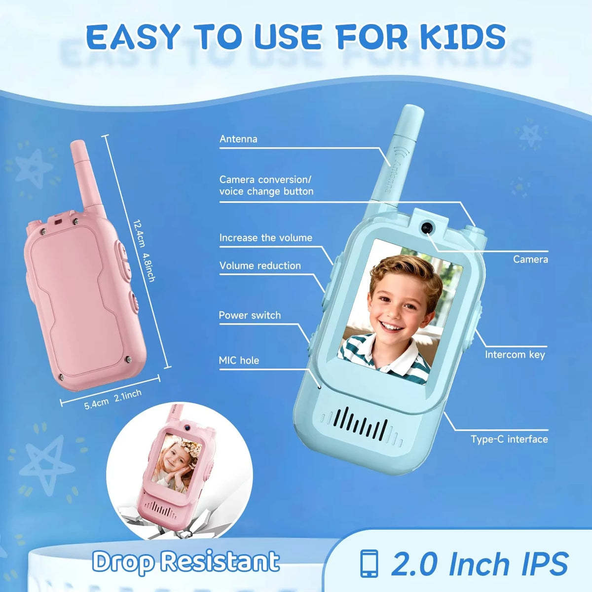 Kids Video Walkie Talkies 2-Pack – HD Screen, Face-to-Face Video, Voice Effects, 400m Range, No WiFi