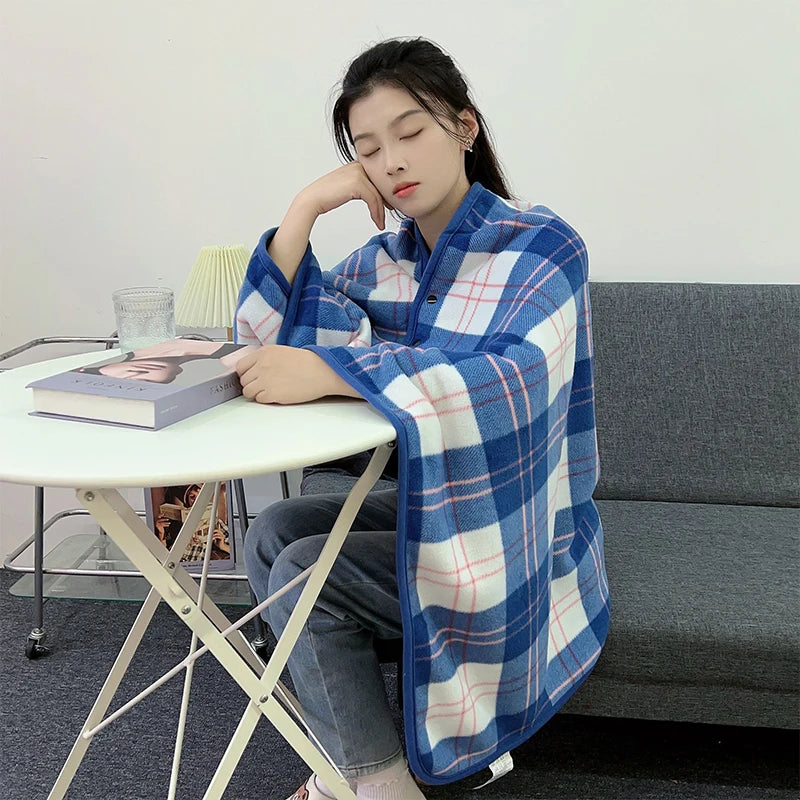 Wearable Plaid Fleece Blanket with Button – Thick Warm Throw for Sofa, Bed, Travel & Office