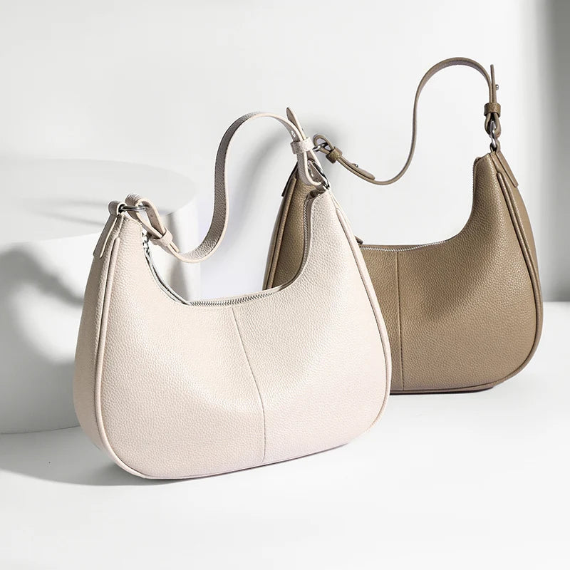100% Genuine Cowhide Leather Half-Moon Underarm Tote Bag – Crossbody Shoulder Bag for Women