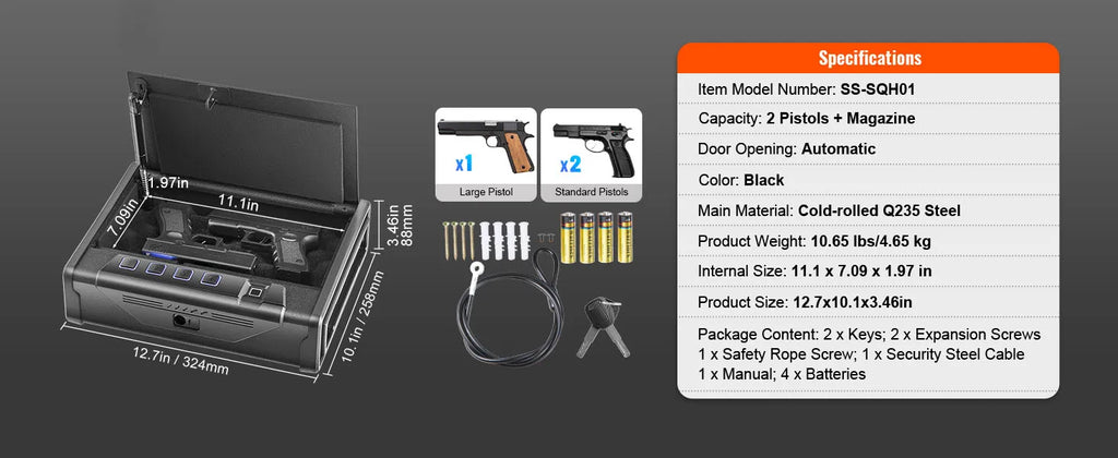 SucceBuy Pistol Safe — Q235 Steel, 3-Way Quick Access, Biometric Fingerprint, LED, Silent Mode