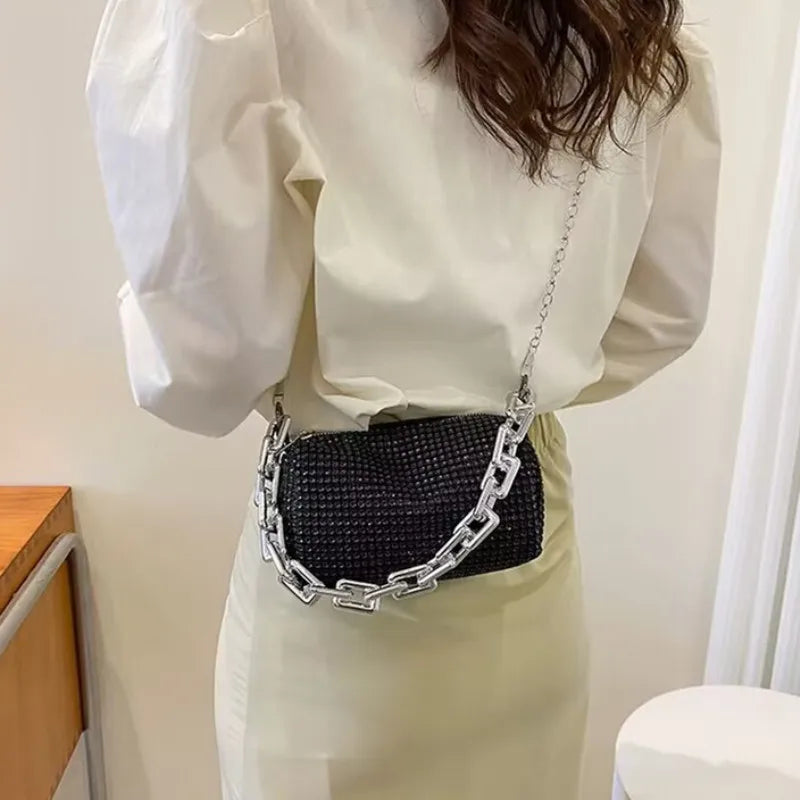 Rhinestone Glitter Mini Crossbody Bag – Chain Prom Purse Pillow Shoulder Bag for Women