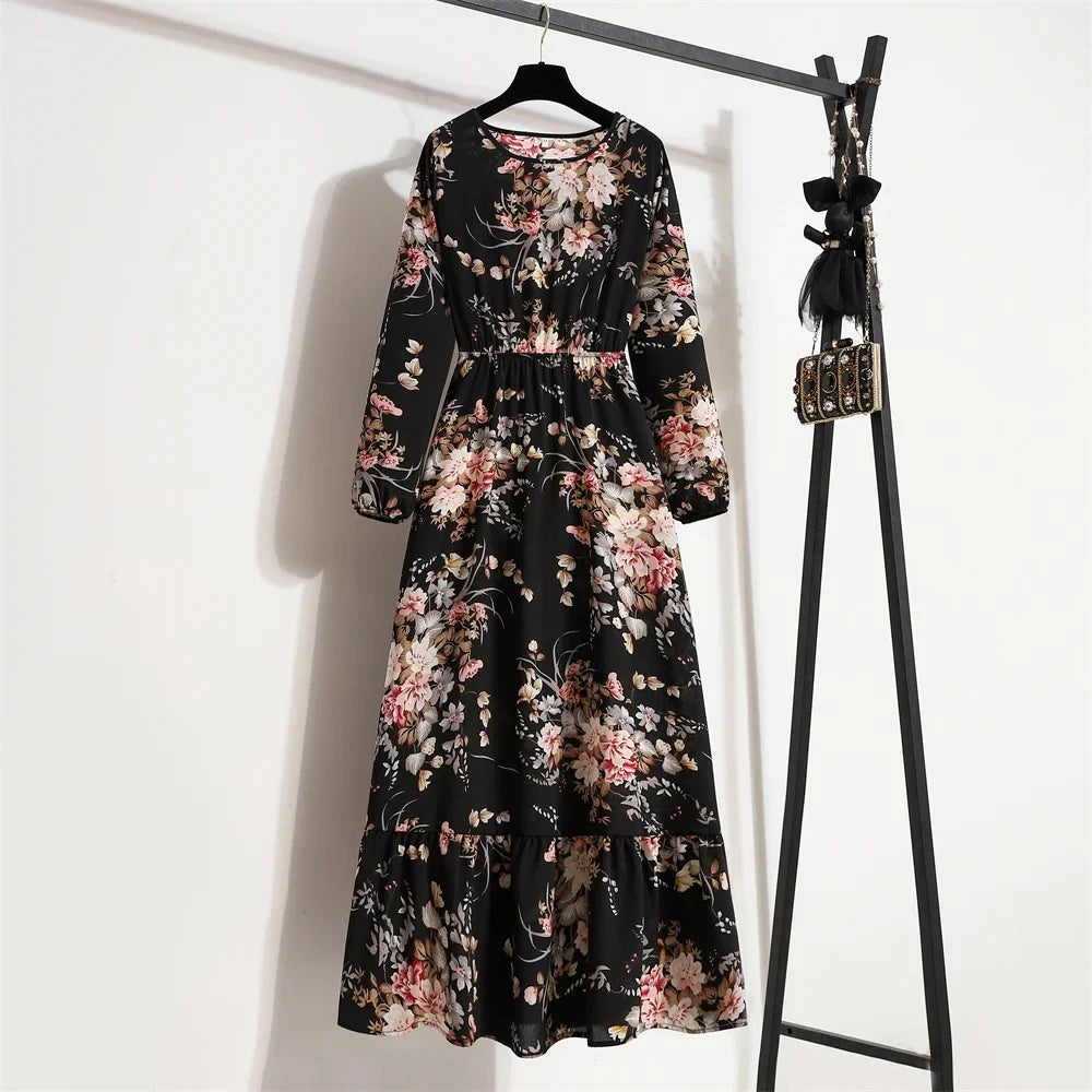 Full Sleeve Floral Geometry Print Boho Beach Party Dress — O-Neck Casual Maxi Dress