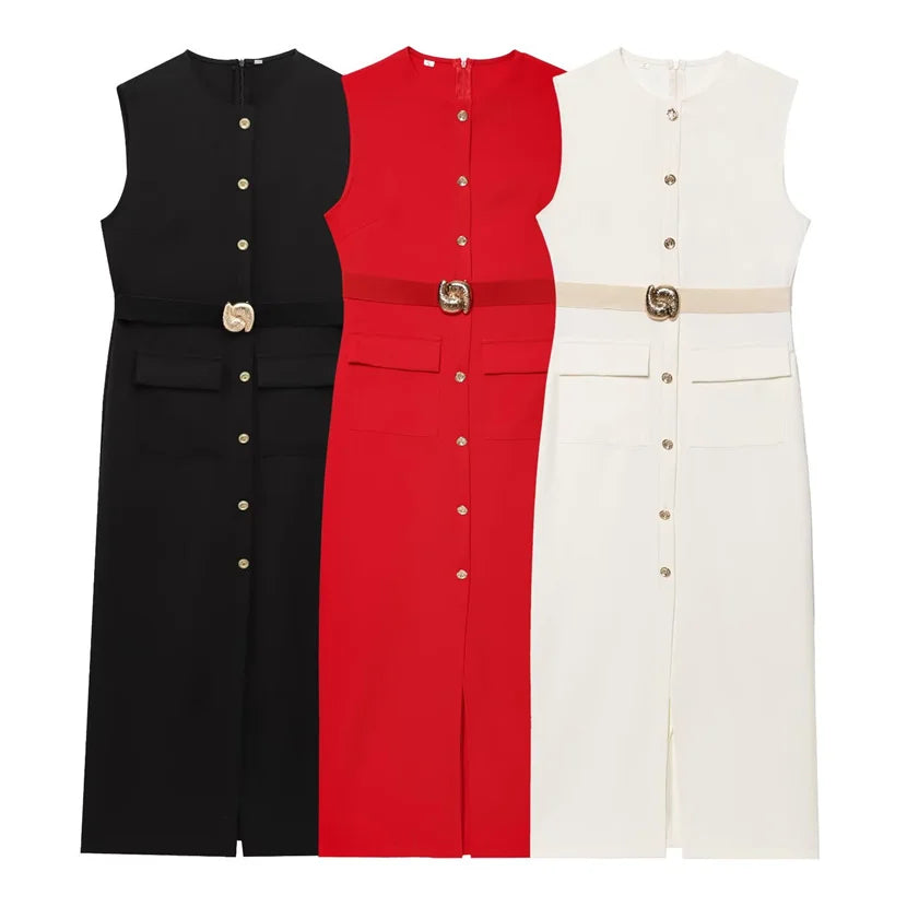 Button-Up Sleeveless Sundress — Slim A-Line Midi Casual Elegant Dress