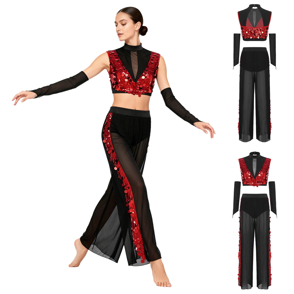 Women's Dance Performance Costume – Shiny Crop Top & Sheer Pants for Skating, Gymnastics & Ballet