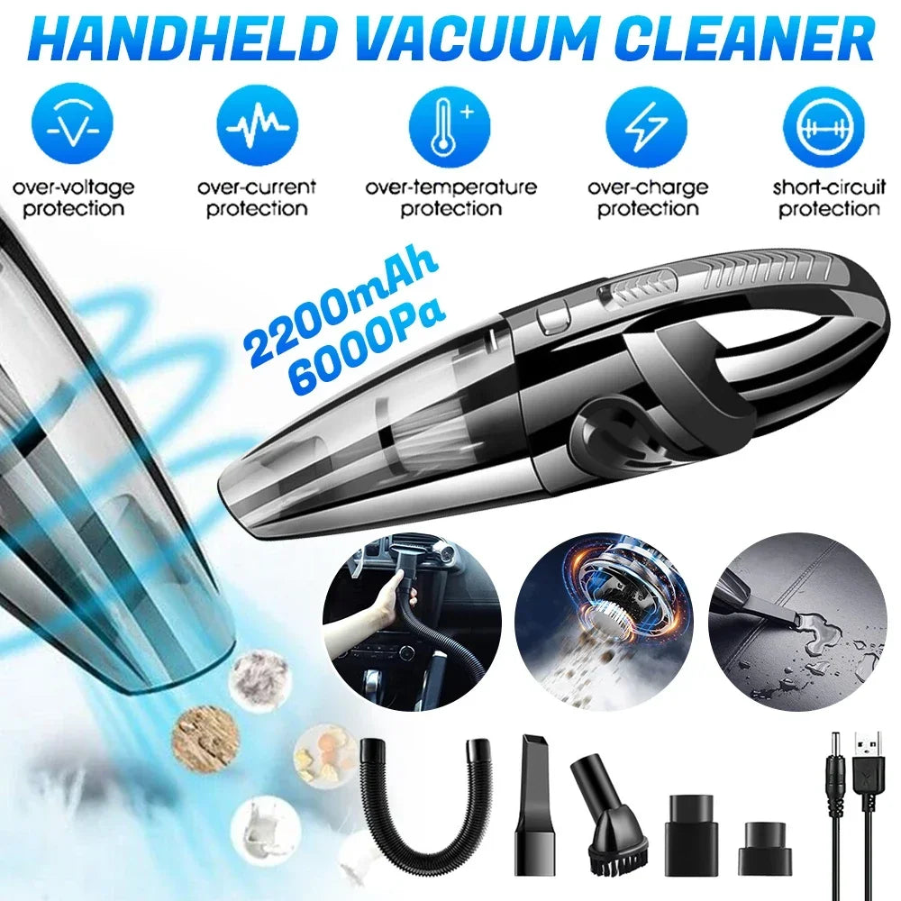 Cordless Handheld Car Vacuum — 6000Pa Wet & Dry Portable Vacuum with HEPA Filter
