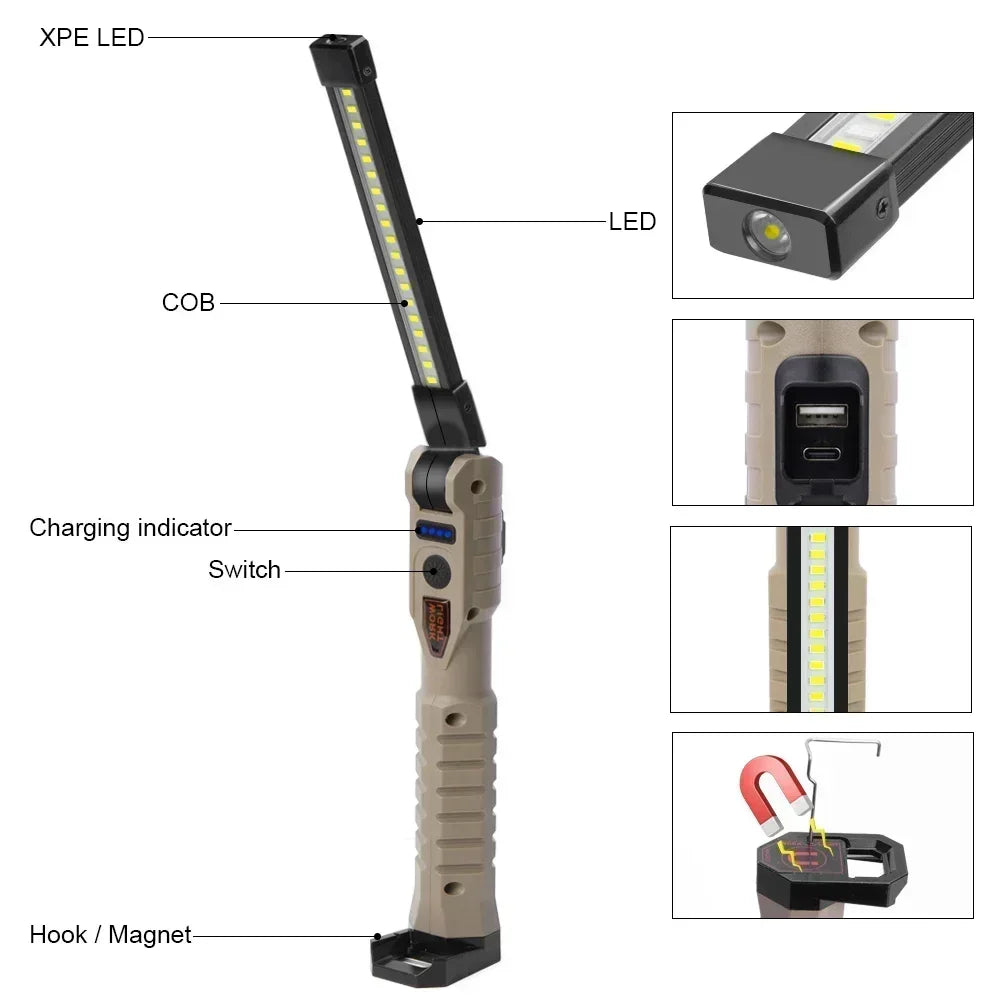 Folding COB+XPE LED Work Light – USB Rechargeable, 180° Foldable, Magnetic Base, Hook, Red SOS, Car Repair