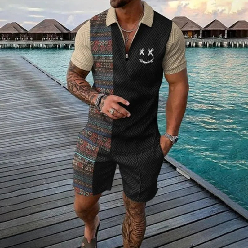 Men's 3D Printed Summer Tracksuit Set – Short Sleeve Polo Shirt & Shorts