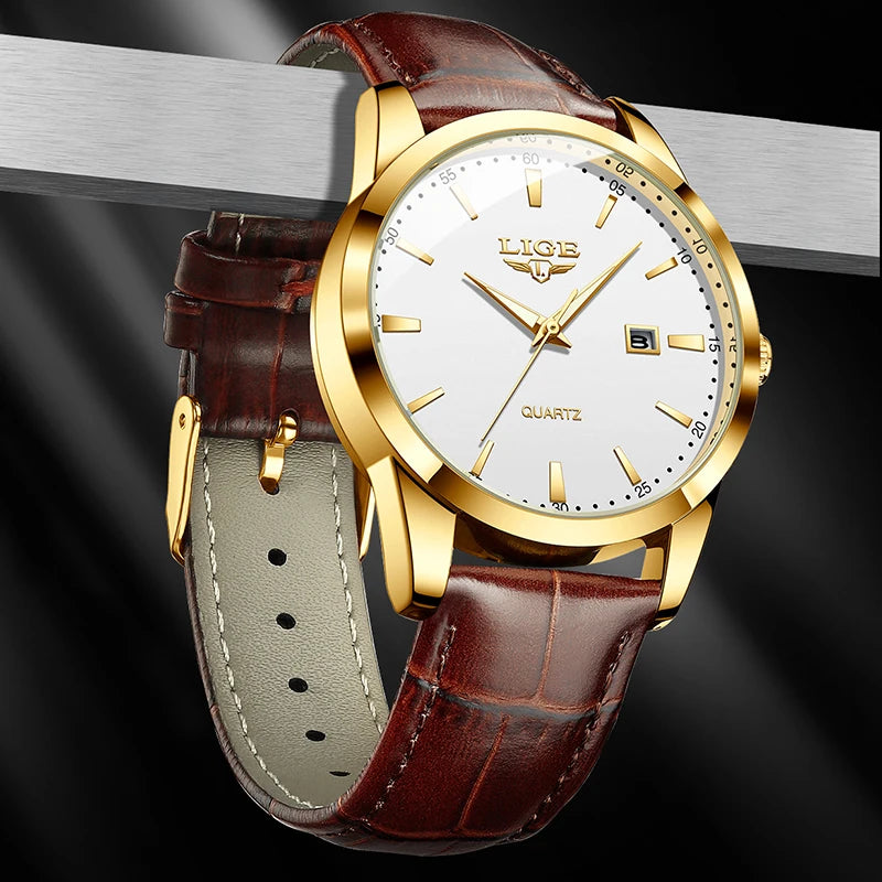 LIGE Men's Brown Leather Chronograph Watch | Military Sport Casual Waterproof Quartz Wristwatch