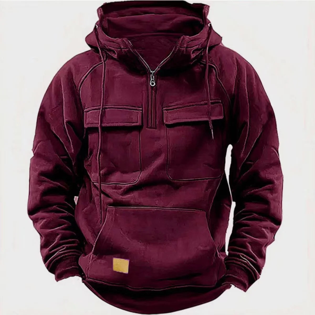Men's Multi-Pocket Patch Hoodie Pullover — Casual Solid Color Hooded Shirt