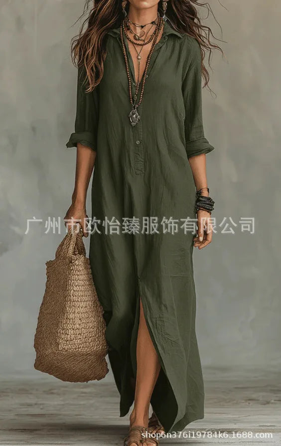 Women's Casual Long Sleeve Loose Maxi Dress – Solid Color Turn-Down Collar Beach & Elegant Dress