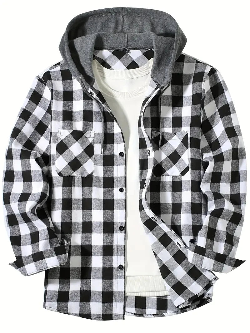 Men's Hooded Plaid Shirt Jacket – Casual Long-Sleeve Layer