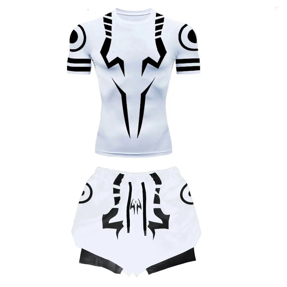 Anime Jujutsu Kaisen 3D Compression Shirt & Gym Shorts – Quick Dry Running Workout Sportswear