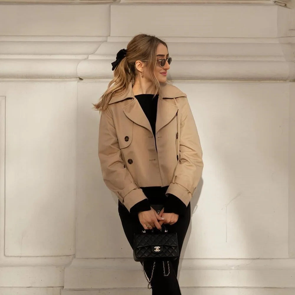 Women's Vintage Cropped Trench Jacket – Double-Breasted High-Waist Streetwear Coat
