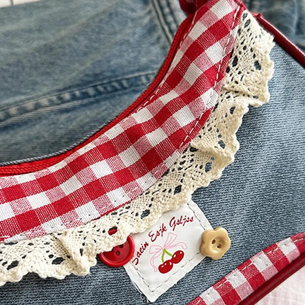 Fashion Grid Lace Ribbon Shoulder Bag – Stretchable Underarm Bag for Daily Commuting & School