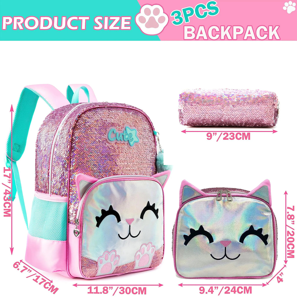 Pink Cat Backpack Set – Sequin School Bag, 3 Pieces