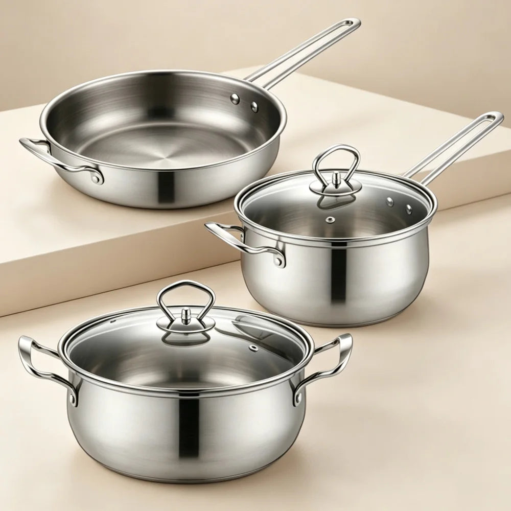 3-Piece Stainless Steel Cookware Set – Stockpot, Saucepan & Frying Pan