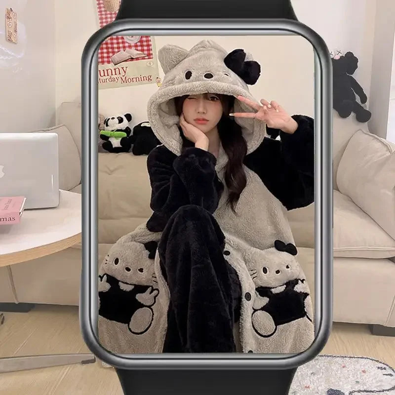 Women's Kawaii Coral Velvet Hooded Pajamas | Thickened Flannel Casual Homewear Suit