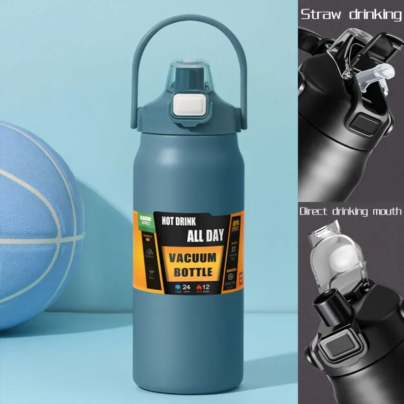 Large Capacity Vacuum Thermos Bottle with Handle & Straw – 304 SS, 6–12Hr Insulated, 800ml–1500ml, 16 Colors