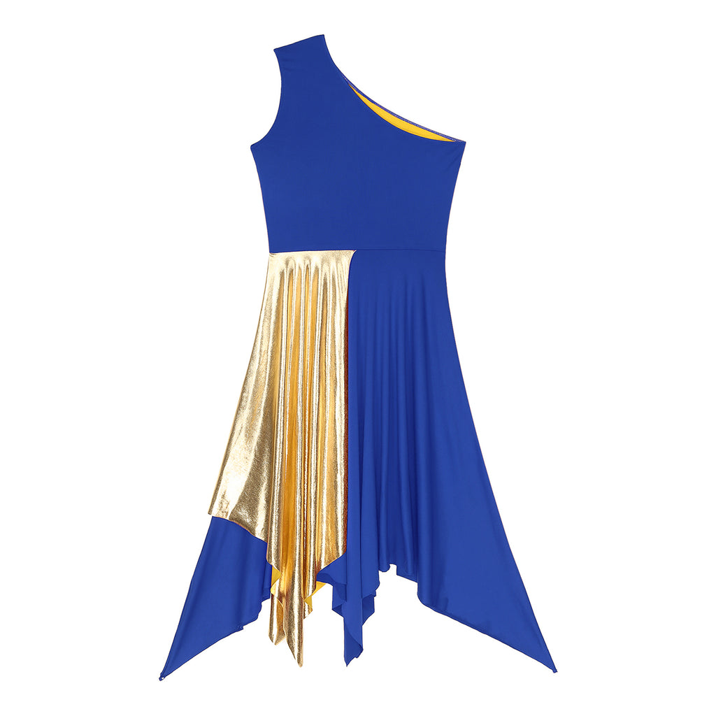 One Shoulder Irregular Hem Dance Performance Dress — Lyrical Worship Dancewear Costume