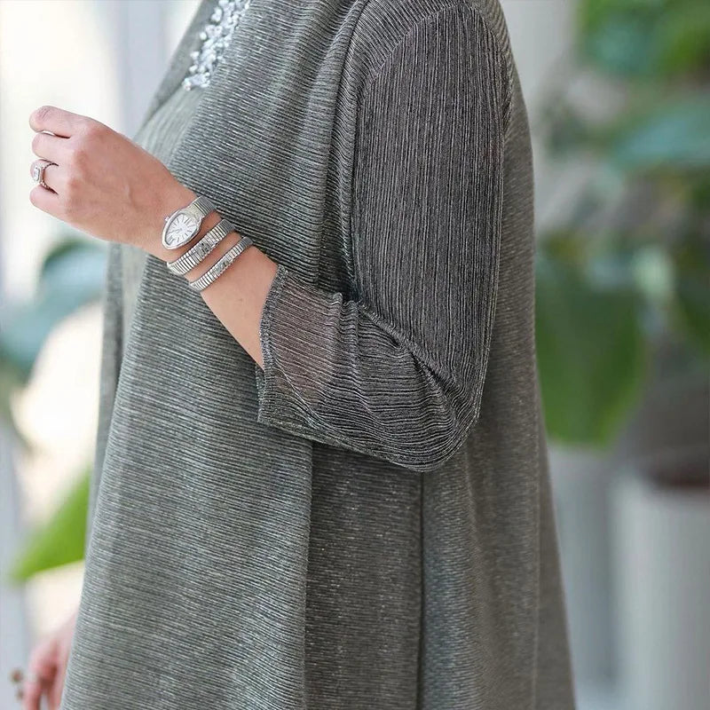 Metallic Pleated Two-Piece Long Dress Set — Casual Loose Ankle-Length Fashion Outfit