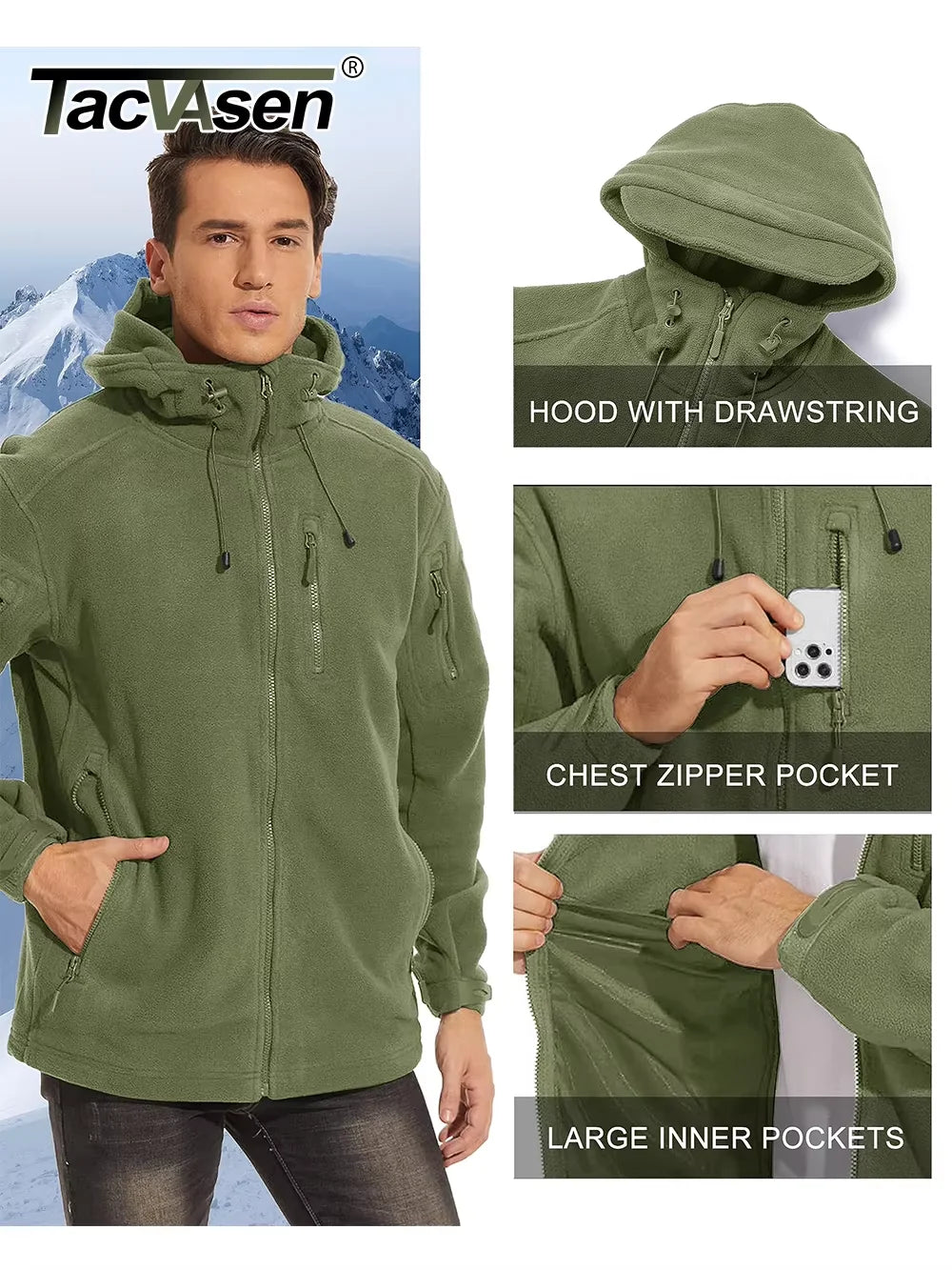 TACVASEN Men's Hooded Fleece Jacket – Full-Zip Windproof Warm Work Coat for Outdoor & Office