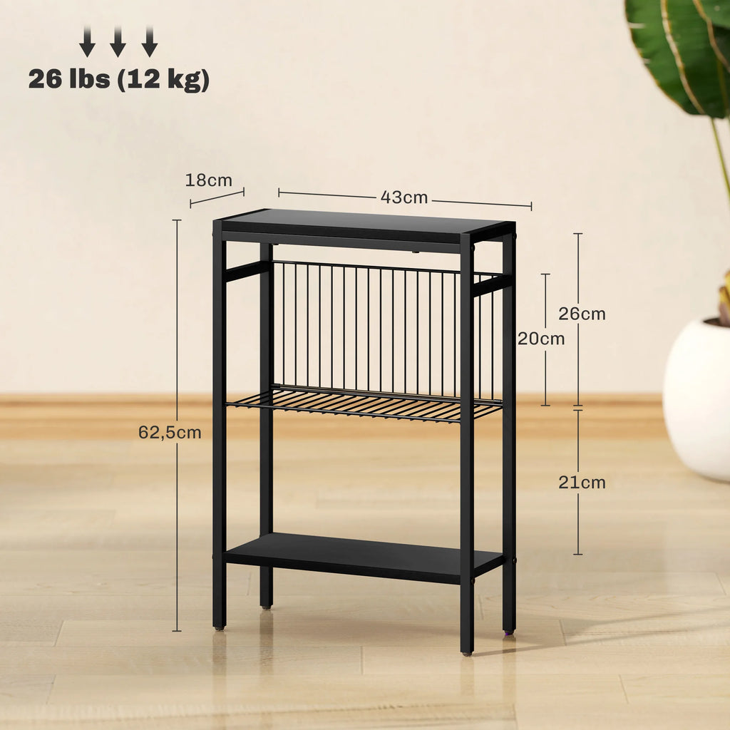 Homcom Narrow Side Table with 3 Levels with Open Shelves and Steel Structure for Living Room Bedroom 43X18X62.5Cm