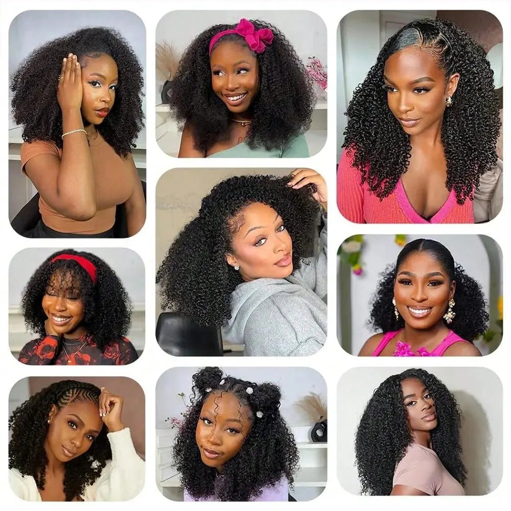 Jerry Curly 3-in-1 Half Wig | Seamless Kinky Curly Headband Clip-In Glueless Human Hair Natural Black